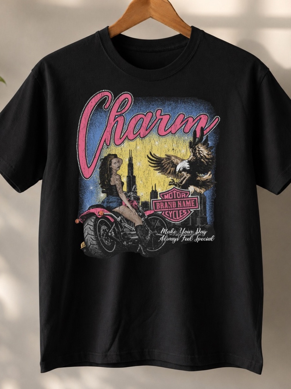 Gildan Black Tee with Pink & Blue 'Charm' Graphic